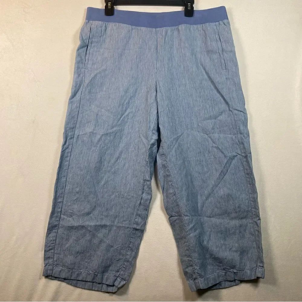 J. Jill Love Linen Cropped Blue Stripe Wide Leg Pants Size Large